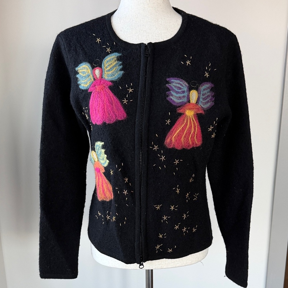 Talbots Black Cardigan with Colorful Angel Design